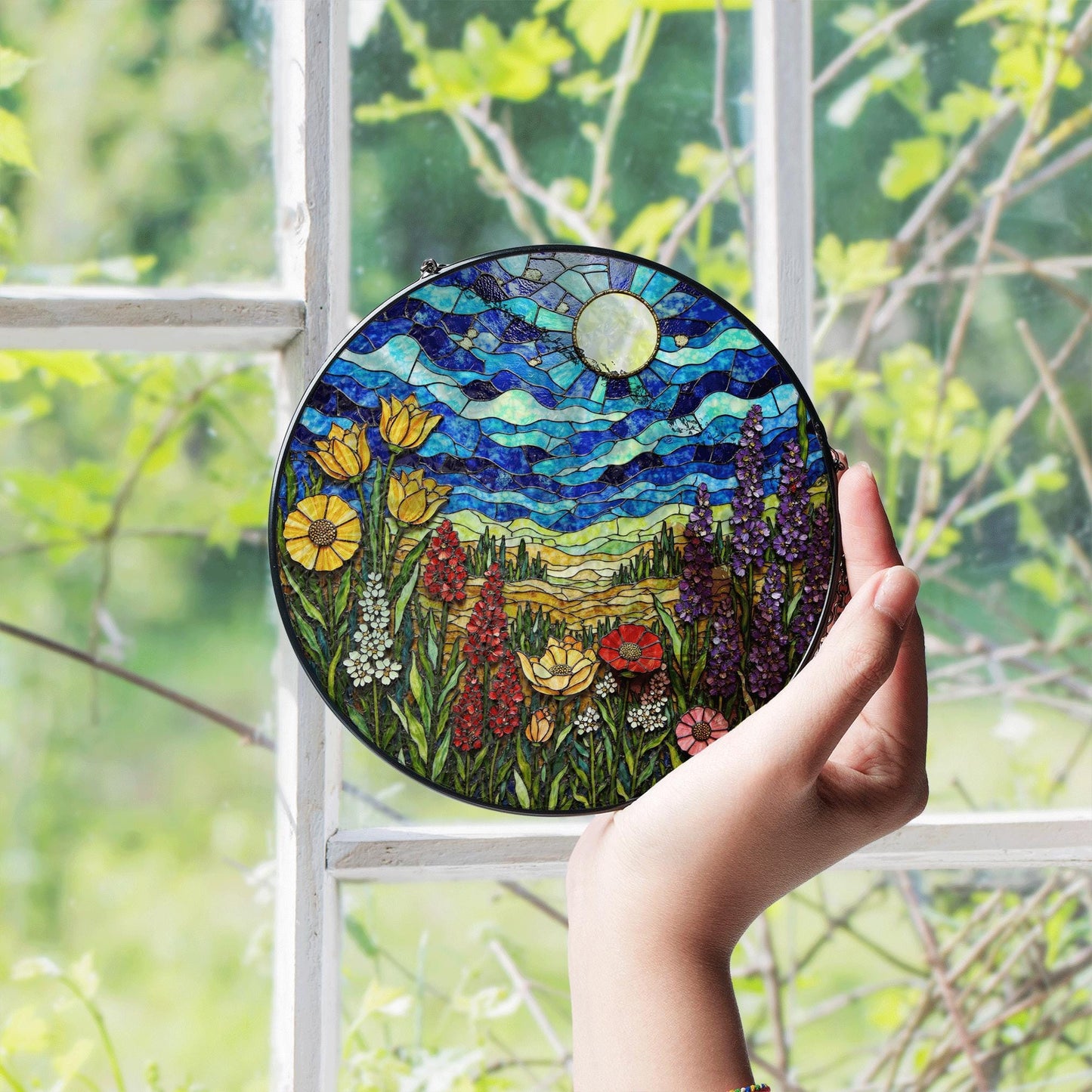 Wildflower Meadow and Blue Sky Suncatcher Handmade Stained Glass Style Window Decor Gift for Nature Lover