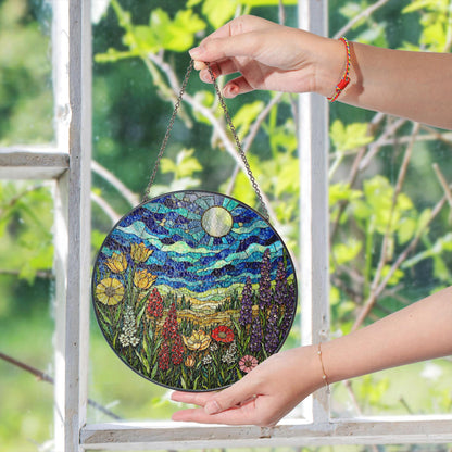 Wildflower Meadow and Blue Sky Suncatcher Handmade Stained Glass Style Window Decor Gift for Nature Lover