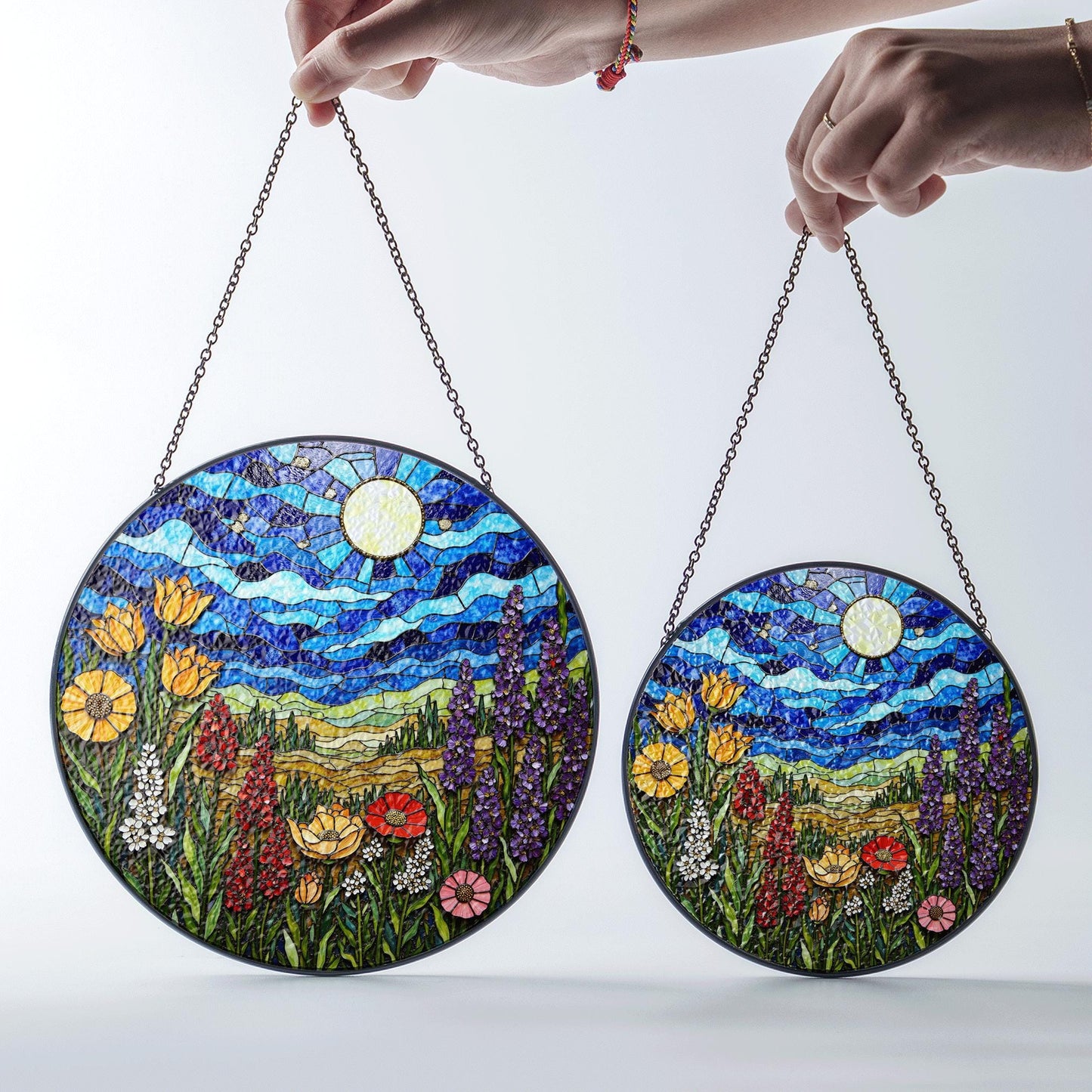 Wildflower Meadow and Blue Sky Suncatcher Handmade Stained Glass Style Window Decor Gift for Nature Lover