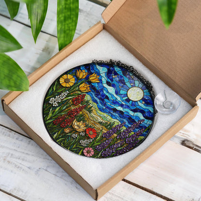 Wildflower Meadow and Blue Sky Suncatcher Handmade Stained Glass Style Window Decor Gift for Nature Lover