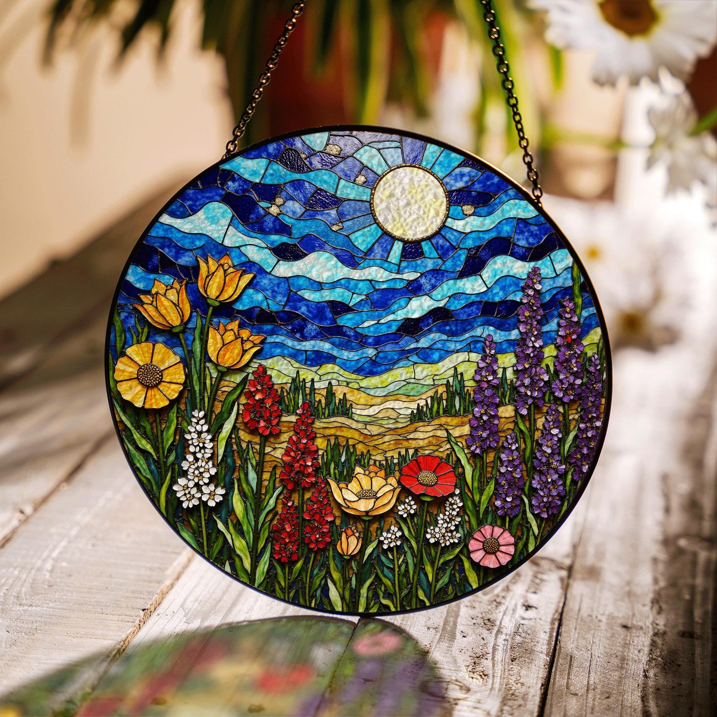 Wildflower Meadow and Blue Sky Suncatcher Handmade Stained Glass Style Window Decor Gift for Nature Lover