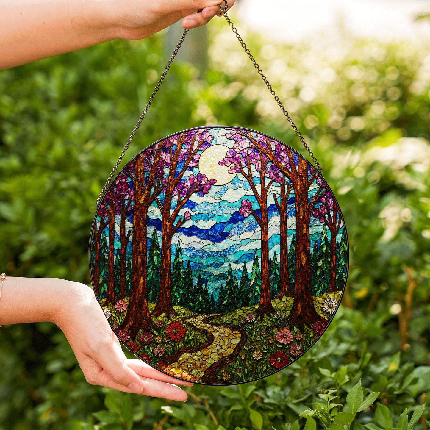 Enchanted Forest Path Suncatcher Stained Glass Window Decor Gift for Nature Lovers