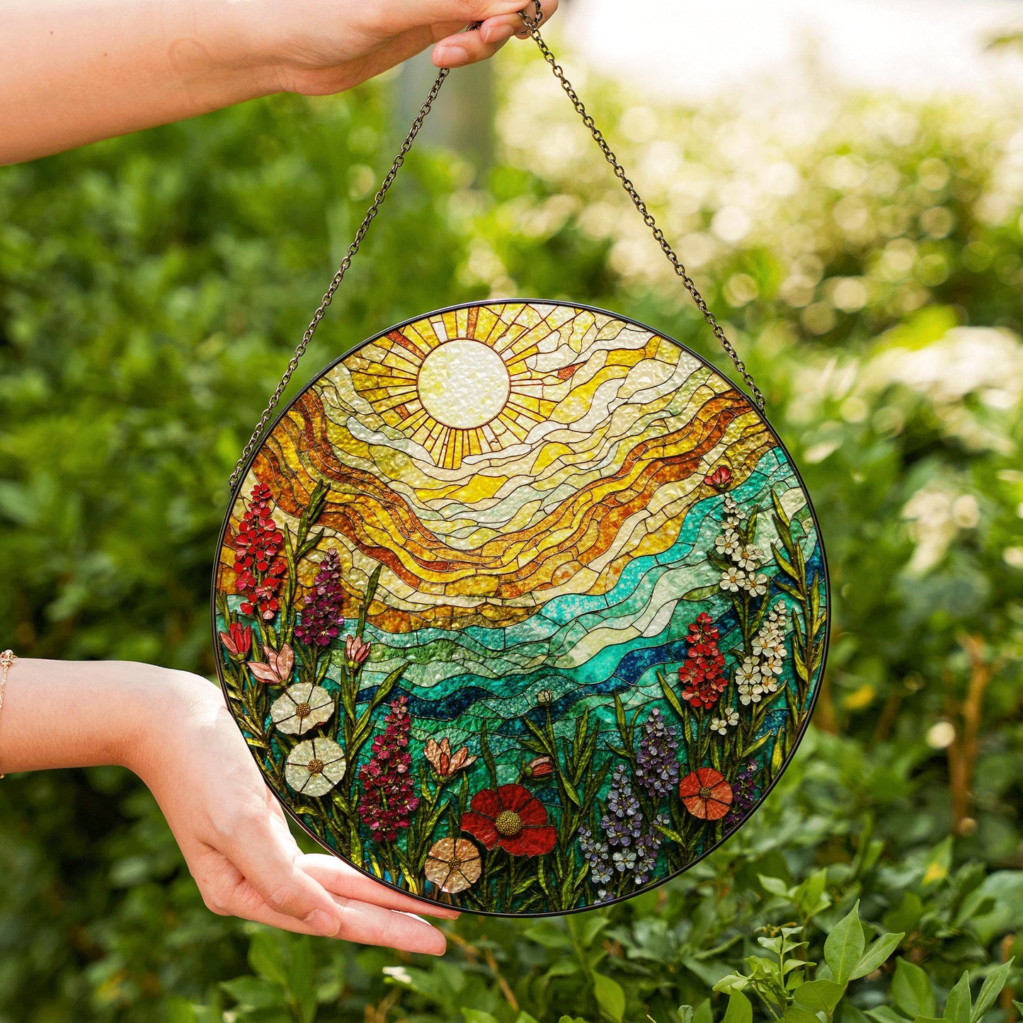 Colorful Wildflower Field Suncatcher Stained Glass Sun and Sky Sun Catcher Gift for Nature Lover