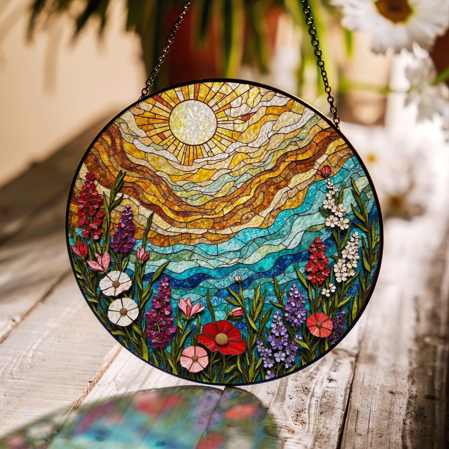 Colorful Wildflower Field Suncatcher Stained Glass Sun and Sky Sun Catcher Gift for Nature Lover