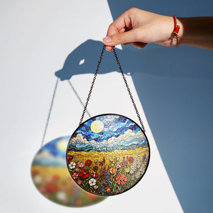 Wildflower Meadow Field Stained Glass Round Suncatcher Gift for Nature Lover Birthday Home Decor