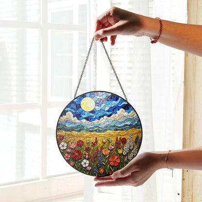 Wildflower Meadow Field Stained Glass Round Suncatcher Gift for Nature Lover Birthday Home Decor