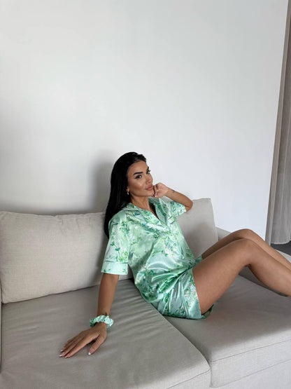 Green Floral Satin Pajama Set for Women with Matching Scrunchie – Short Sleeve Button Down Sleepwear – Elegant Lightweight Loungewear