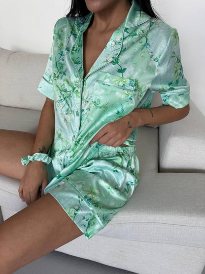 Green Floral Satin Pajama Set for Women with Matching Scrunchie – Short Sleeve Button Down Sleepwear – Elegant Lightweight Loungewear