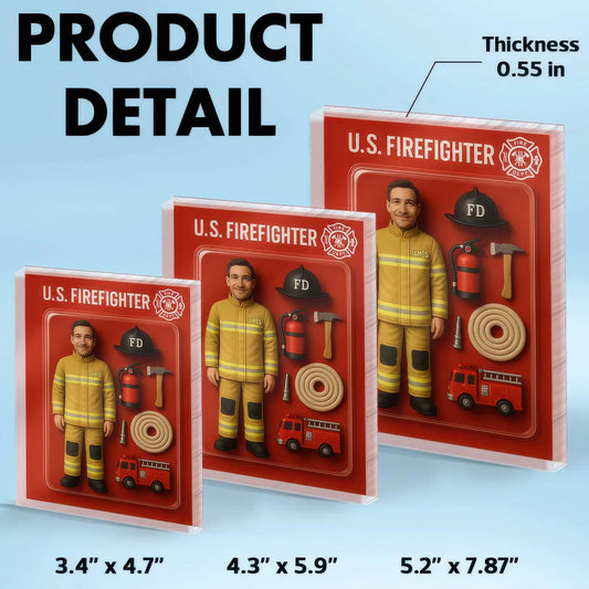 Custom Firefighter Acrylic Block Gift with Face and Name, Personalized 3D Figurine Decor, Unique Fireman Appreciation or Graduation Gift