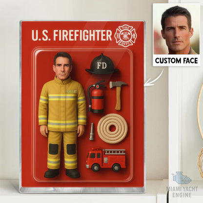 Custom Firefighter Acrylic Block Gift with Face and Name, Personalized 3D Figurine Decor, Unique Fireman Appreciation or Graduation Gift