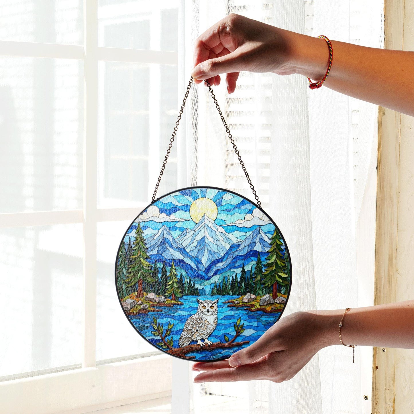 Mountain Owl Forest Scene Round Suncatcher Window Hanging Gift for Nature Lover