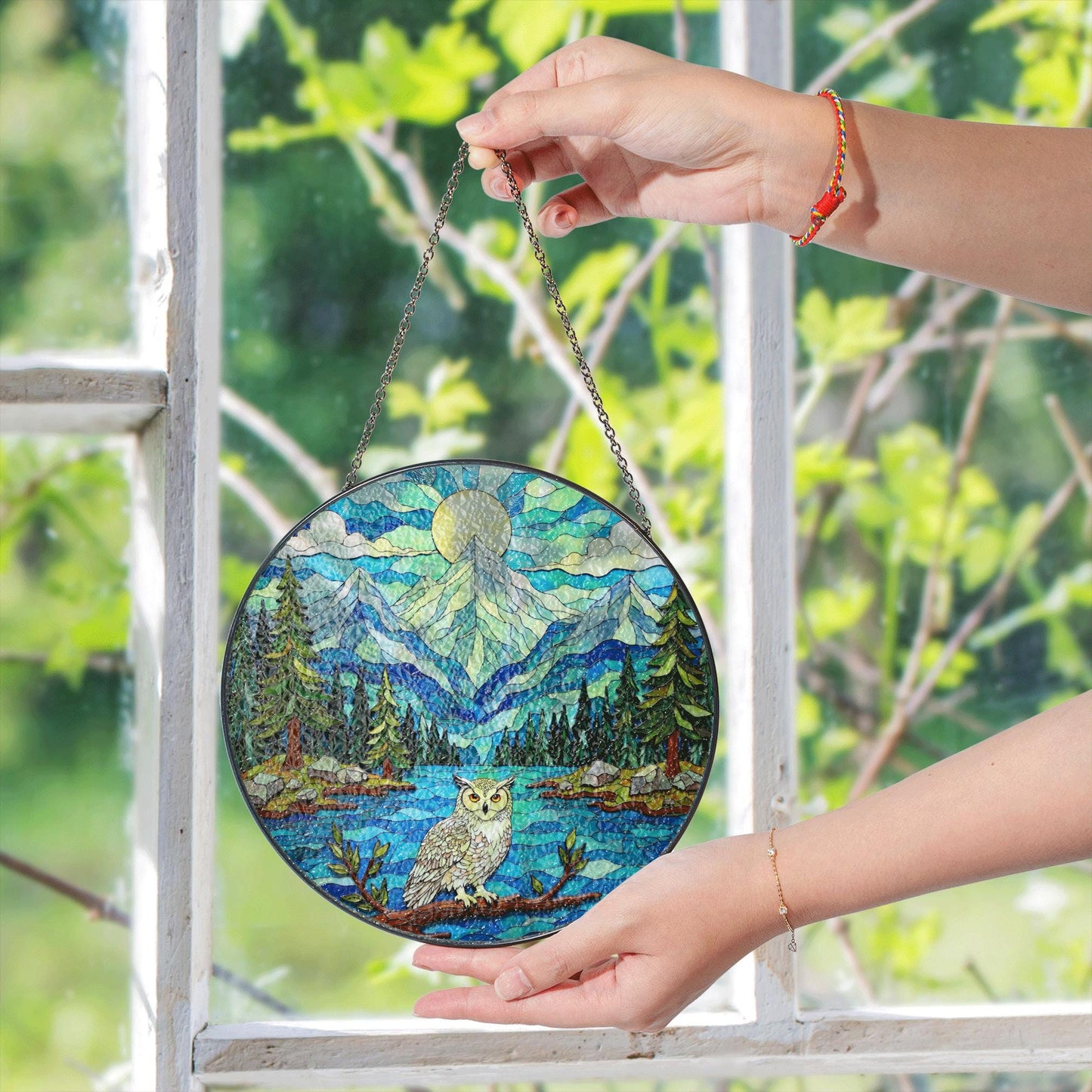 Mountain Owl Forest Scene Round Suncatcher Window Hanging Gift for Nature Lover