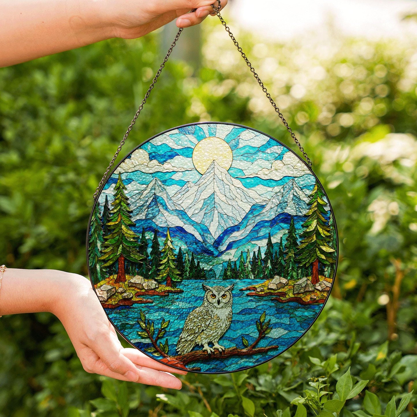 Mountain Owl Forest Scene Round Suncatcher Window Hanging Gift for Nature Lover