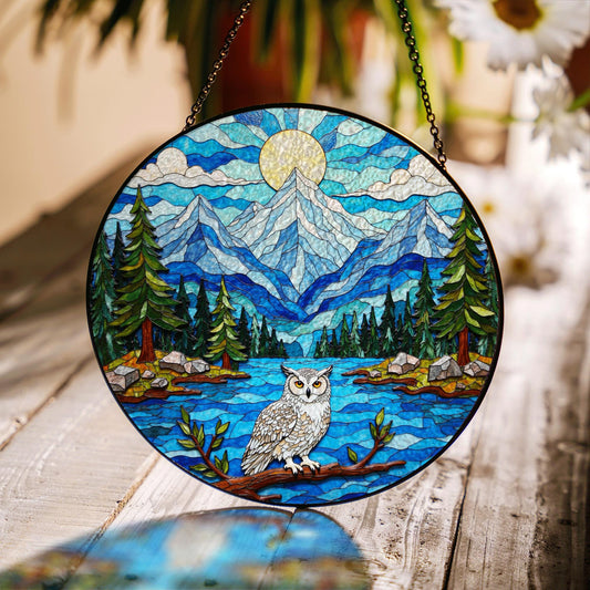Mountain Owl Forest Scene Round Suncatcher Window Hanging Gift for Nature Lover