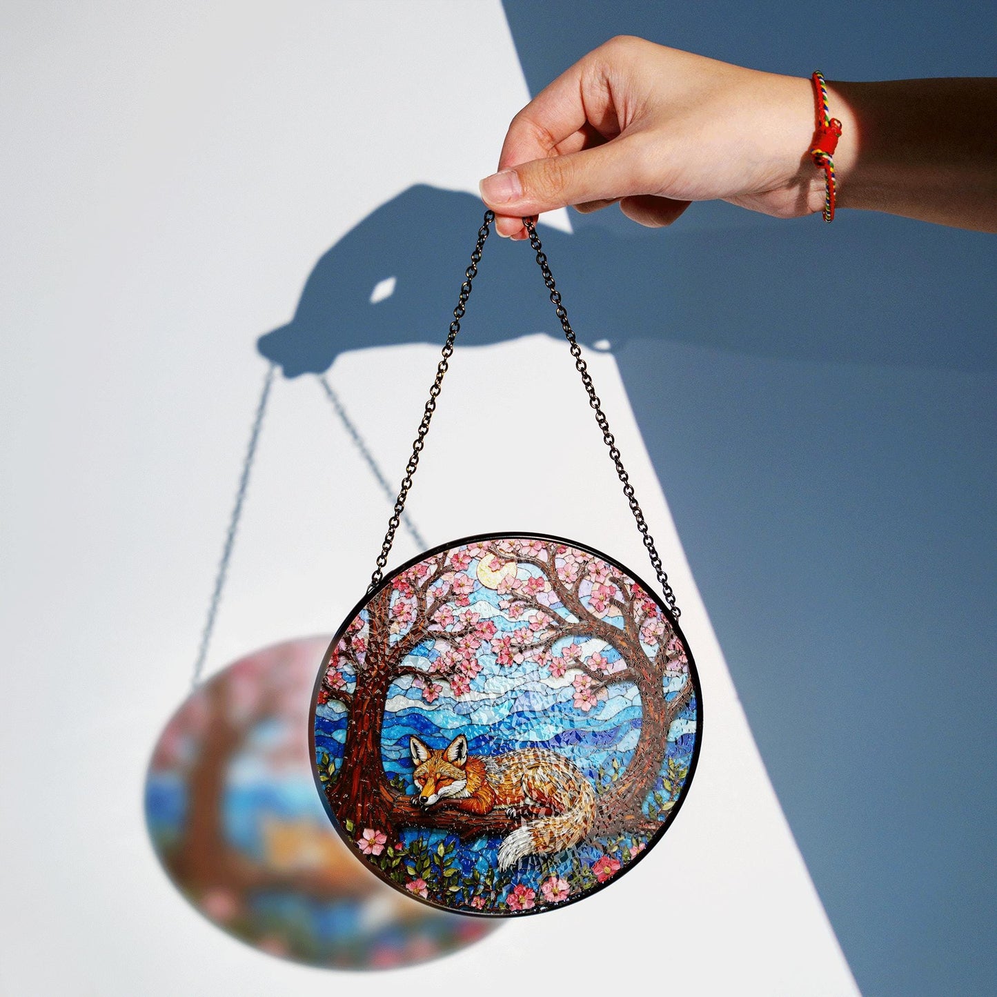 Sleeping fox under cherry trees stained glass suncatcher woodland decor gift for nature lover