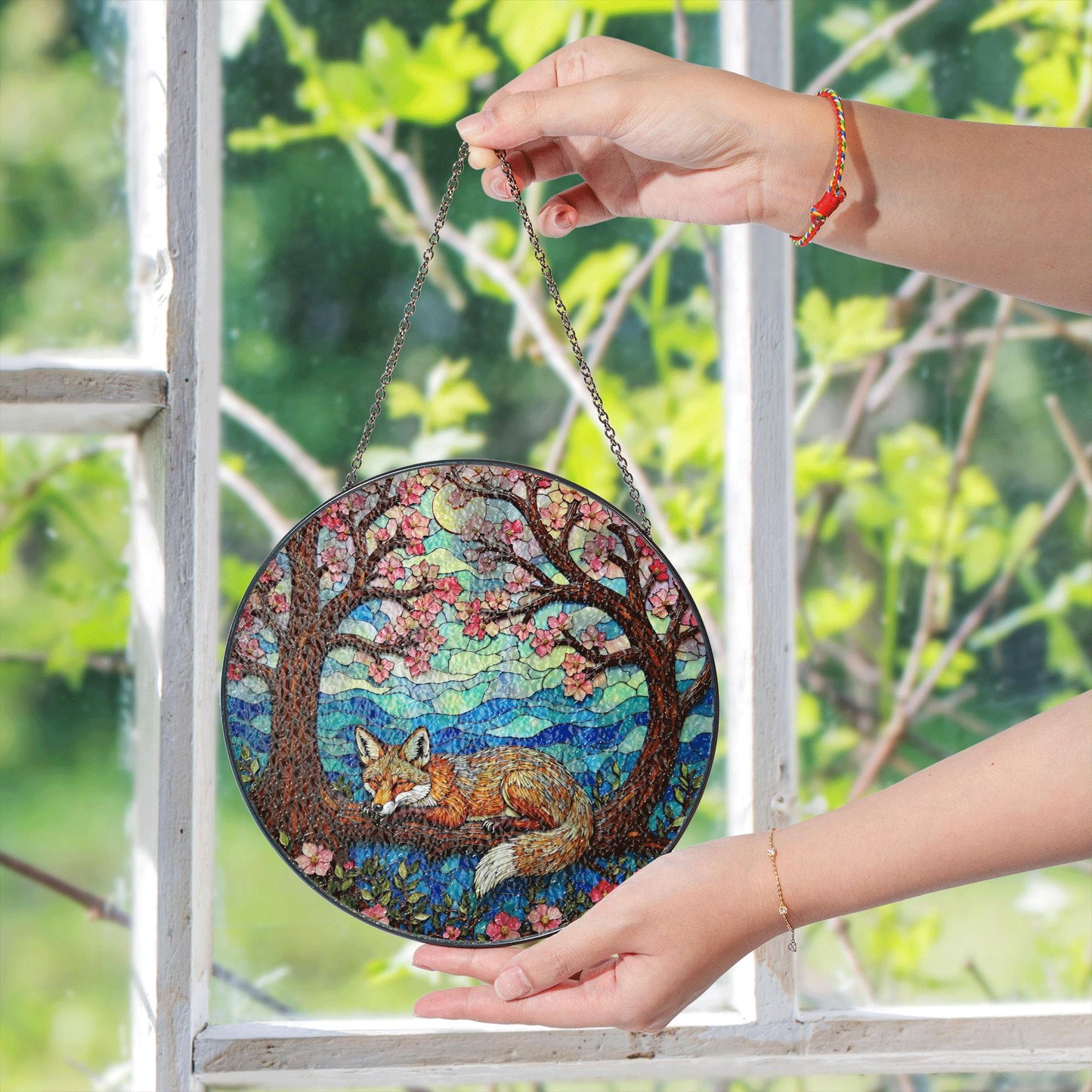 Sleeping fox under cherry trees stained glass suncatcher woodland decor gift for nature lover