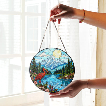 Red heron lake forest stained glass style round suncatcher nature window decor gift
