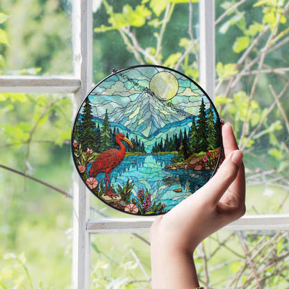 Red heron lake forest stained glass style round suncatcher nature window decor gift