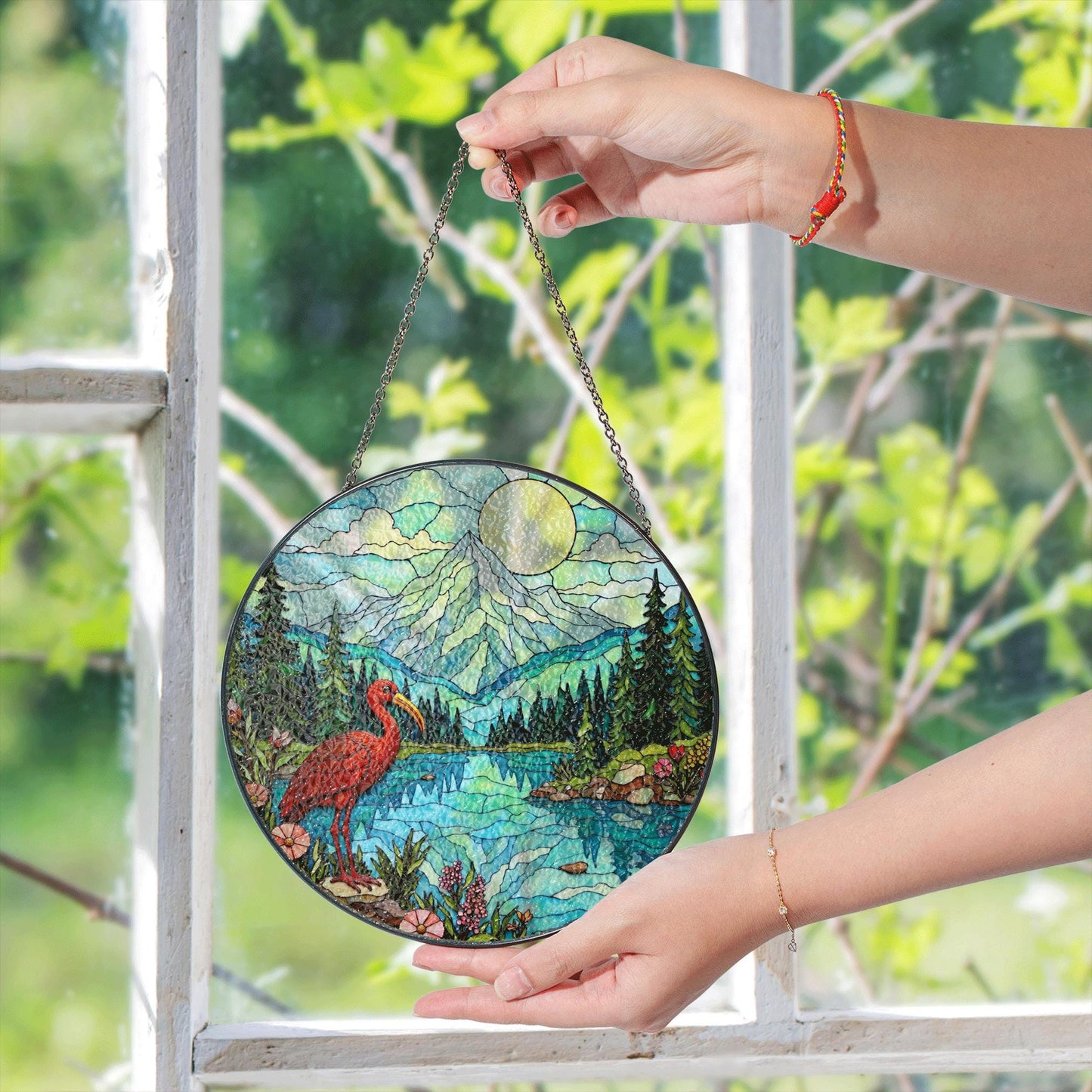 Red heron lake forest stained glass style round suncatcher nature window decor gift