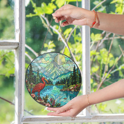 Red heron lake forest stained glass style round suncatcher nature window decor gift
