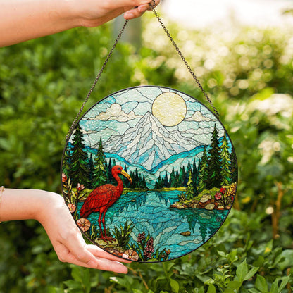 Red heron lake forest stained glass style round suncatcher nature window decor gift