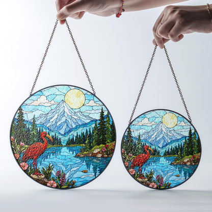 Red heron lake forest stained glass style round suncatcher nature window decor gift