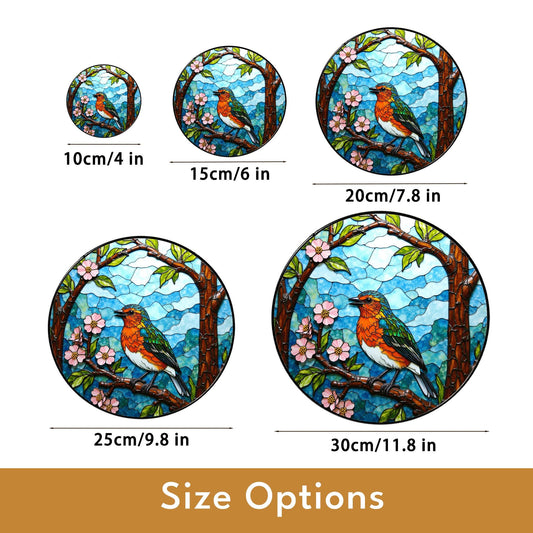 Colorful robin bird on blooming tree branch stained glass suncatcher window decor gift for bird lovers