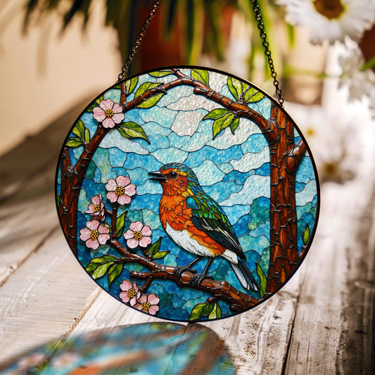 Colorful robin bird on blooming tree branch stained glass suncatcher window decor gift for bird lovers