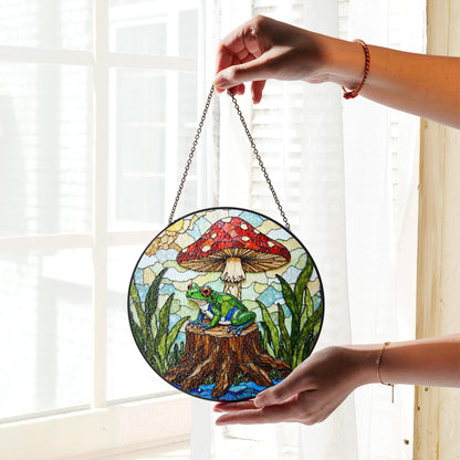 Frog on stump under red mushroom stained glass suncatcher forest animal decor gift for nature lover
