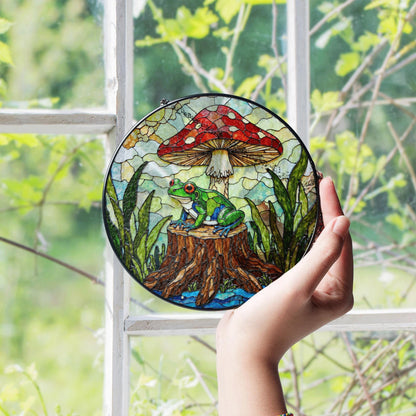 Frog on stump under red mushroom stained glass suncatcher forest animal decor gift for nature lover