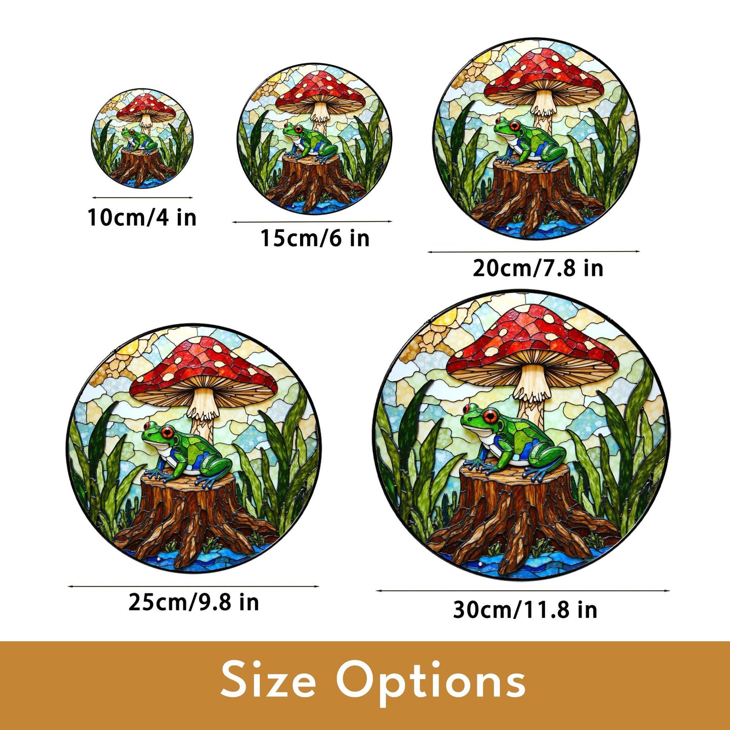 Frog on stump under red mushroom stained glass suncatcher forest animal decor gift for nature lover