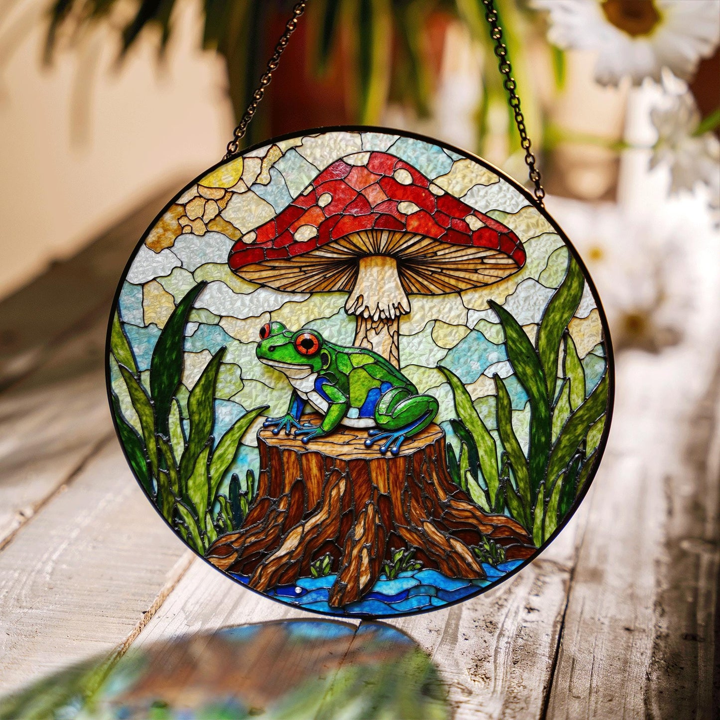 Frog on stump under red mushroom stained glass suncatcher forest animal decor gift for nature lover