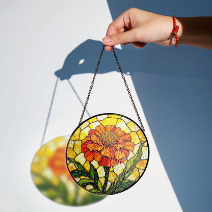 Orange flower stained glass round panel vibrant suncatcher art gift for plant lovers window decor gift for mom