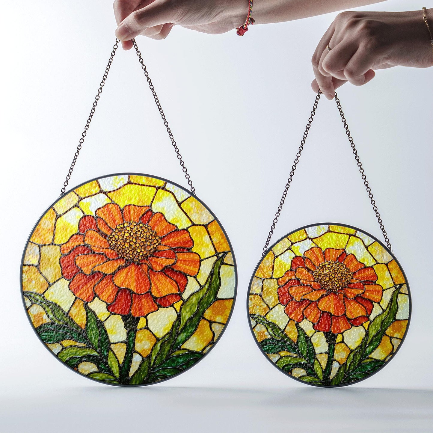 Orange flower stained glass round panel vibrant suncatcher art gift for plant lovers window decor gift for mom