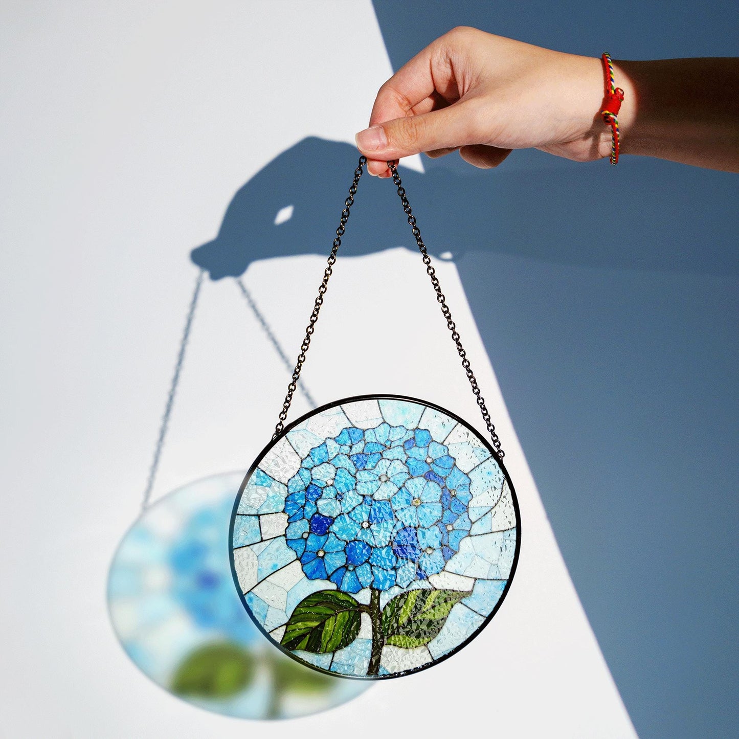 Blue Hydrangea Flower Round Stained Glass Window Suncatcher Gift for Mom Grandma or Gardener