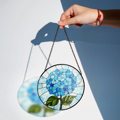 Blue Hydrangea Flower Round Stained Glass Window Suncatcher Gift for Mom Grandma or Gardener