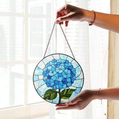 Blue Hydrangea Flower Round Stained Glass Window Suncatcher Gift for Mom Grandma or Gardener