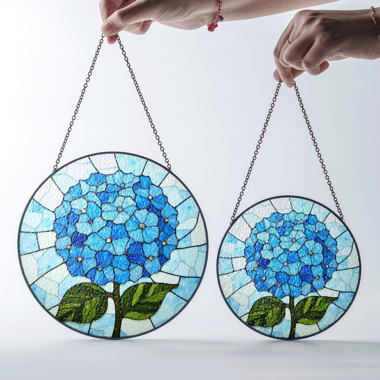 Blue Hydrangea Flower Round Stained Glass Window Suncatcher Gift for Mom Grandma or Gardener