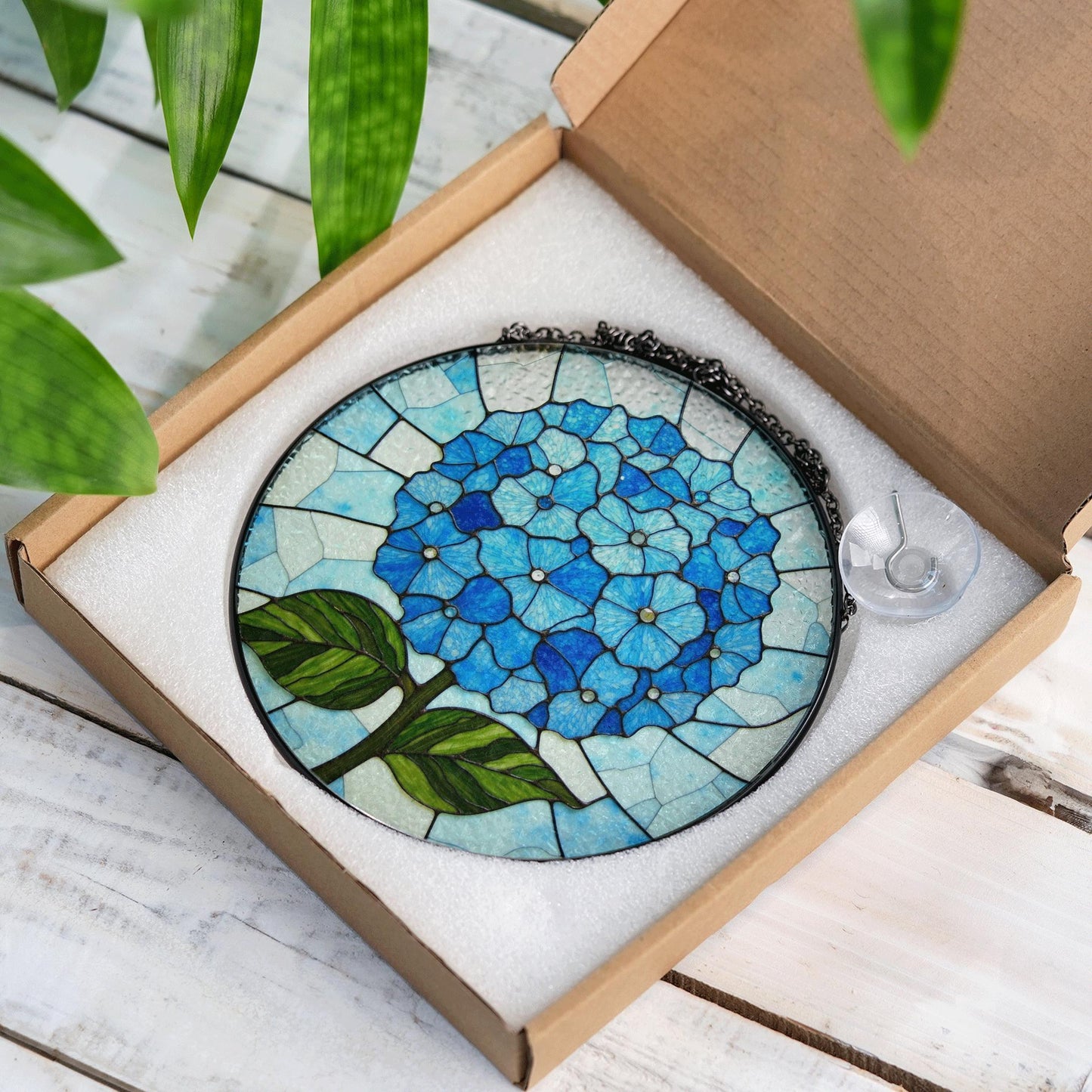 Blue Hydrangea Flower Round Stained Glass Window Suncatcher Gift for Mom Grandma or Gardener