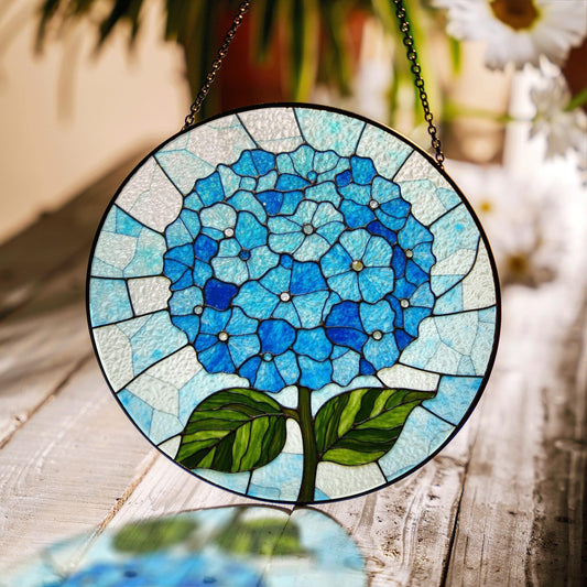 Blue Hydrangea Flower Round Stained Glass Window Suncatcher Gift for Mom Grandma or Gardener