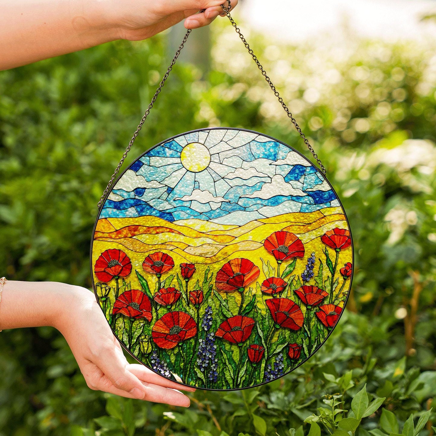 Vibrant wildflower meadow sun catcher stained glass window decor gift for nature lover friend