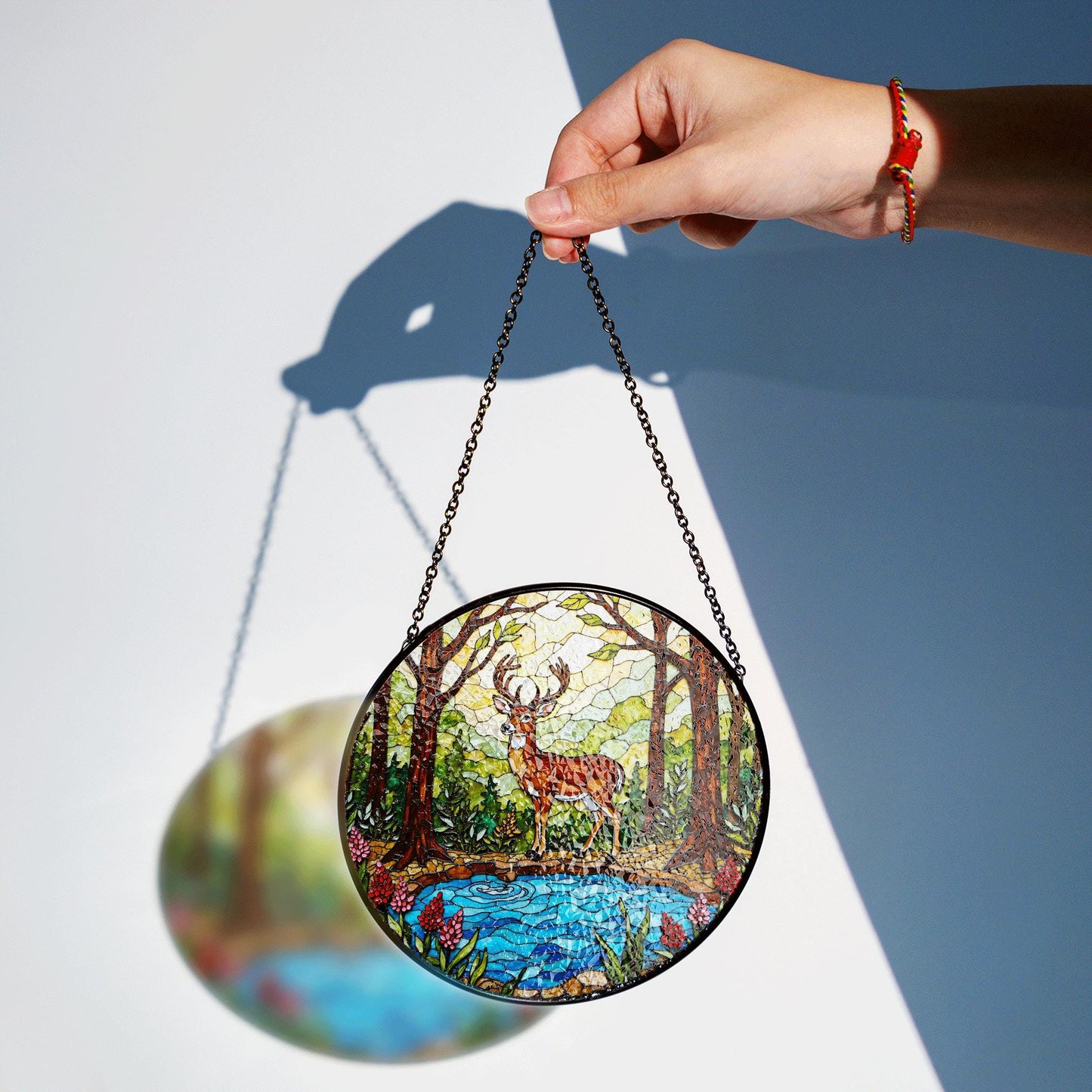 Majestic Deer Forest Scene Stained Glass Style Window Hanging Suncatcher Gift for Nature Lover