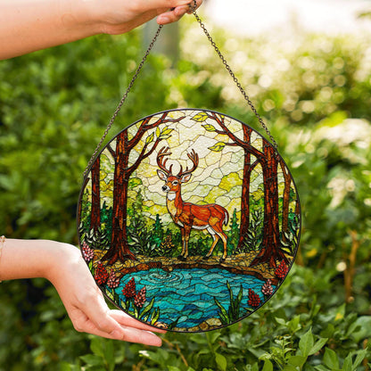Majestic Deer Forest Scene Stained Glass Style Window Hanging Suncatcher Gift for Nature Lover