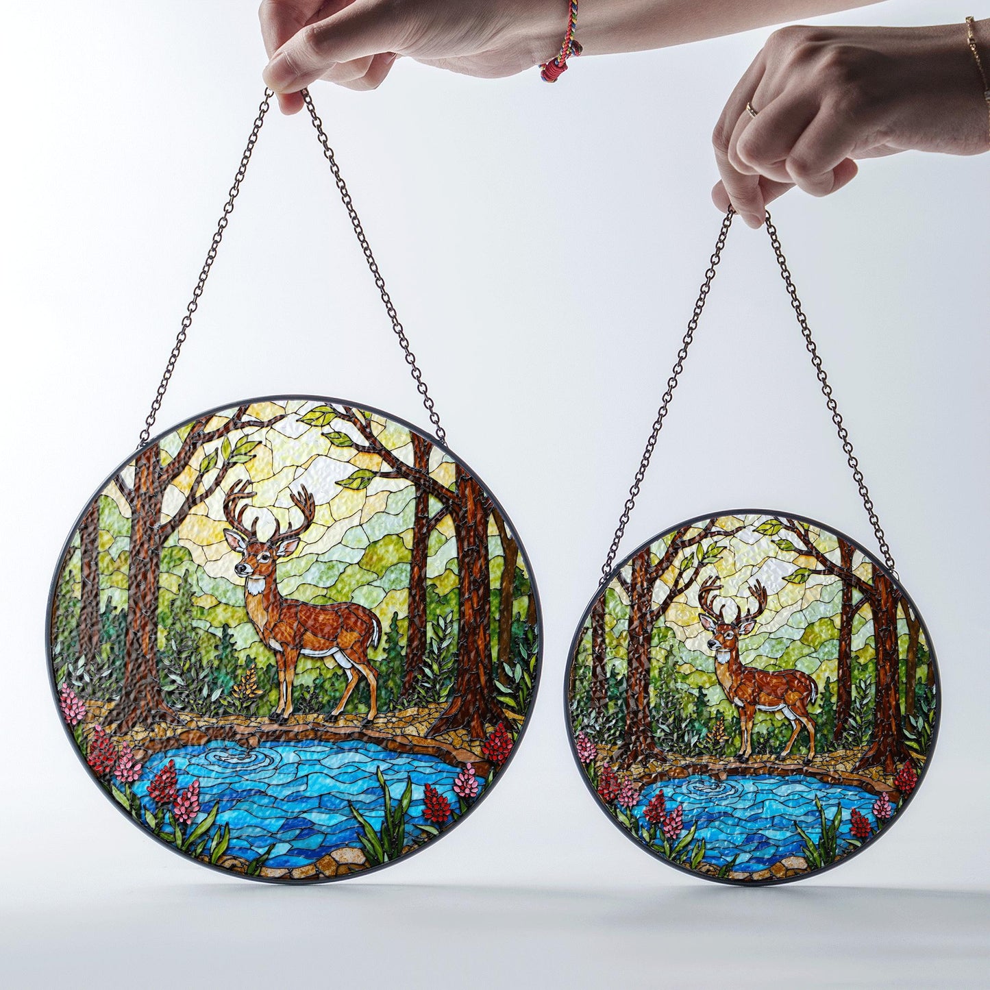 Majestic Deer Forest Scene Stained Glass Style Window Hanging Suncatcher Gift for Nature Lover