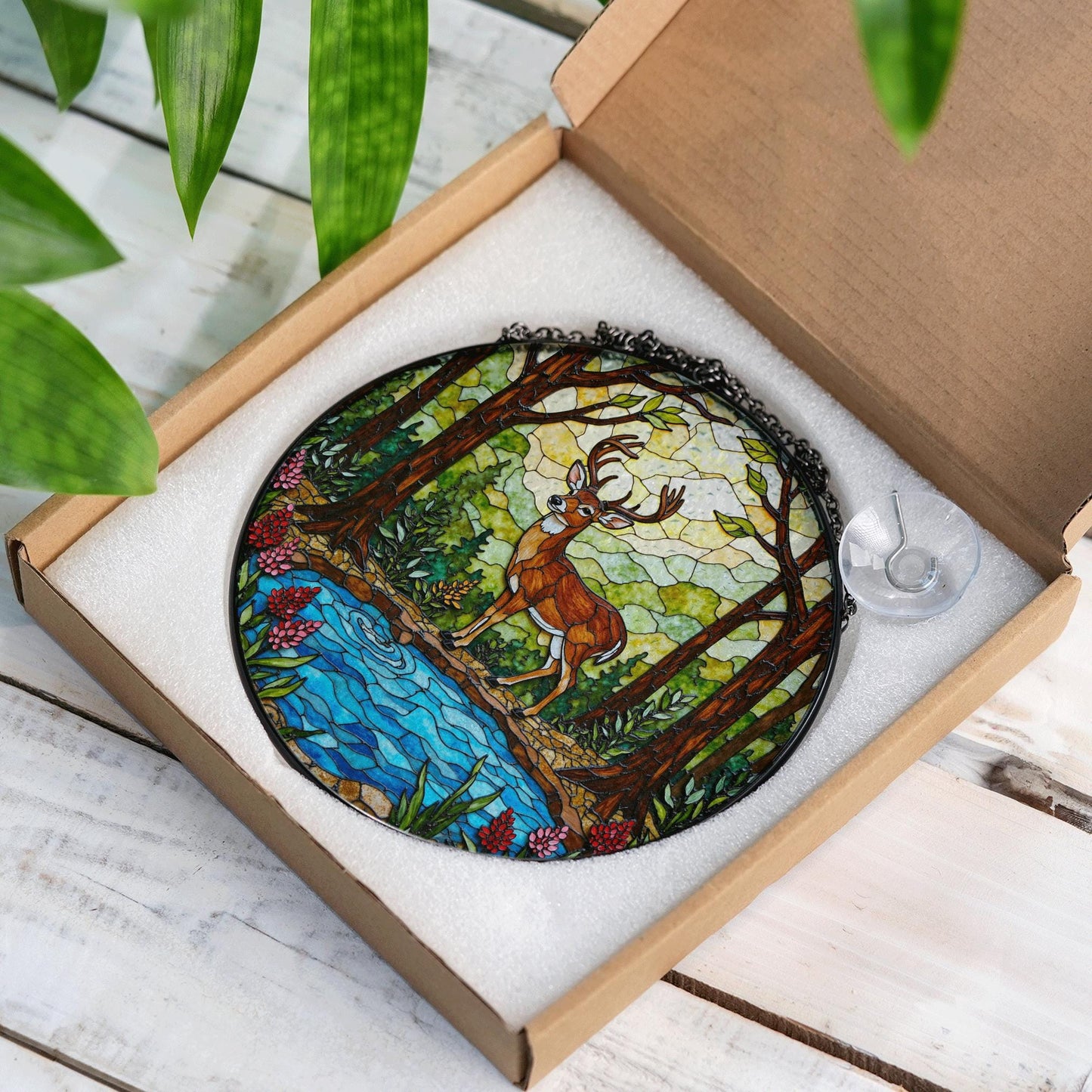 Majestic Deer Forest Scene Stained Glass Style Window Hanging Suncatcher Gift for Nature Lover