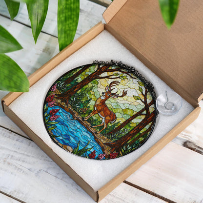 Majestic Deer Forest Scene Stained Glass Style Window Hanging Suncatcher Gift for Nature Lover