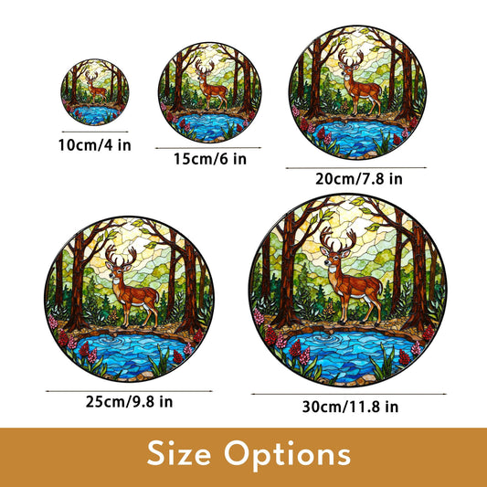 Majestic Deer Forest Scene Stained Glass Style Window Hanging Suncatcher Gift for Nature Lover