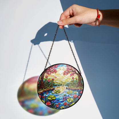 Stained Glass Lotus Pond Scene Round Suncatcher Window Decor Gift for Nature Lover Friend