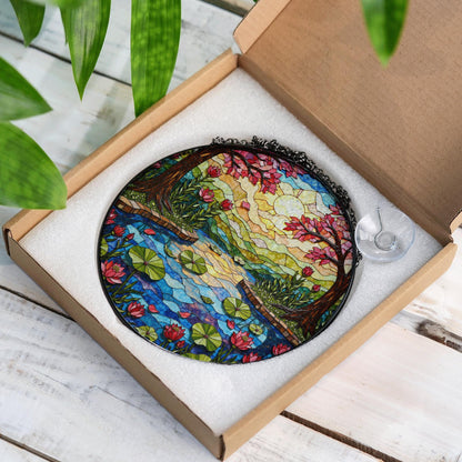 Stained Glass Lotus Pond Scene Round Suncatcher Window Decor Gift for Nature Lover Friend