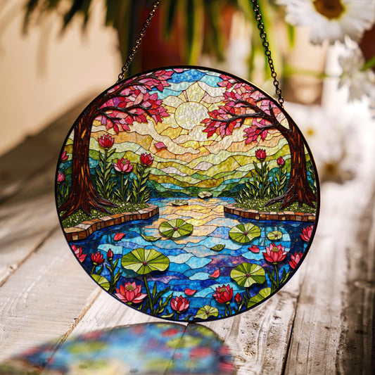 Stained Glass Lotus Pond Scene Round Suncatcher Window Decor Gift for Nature Lover Friend